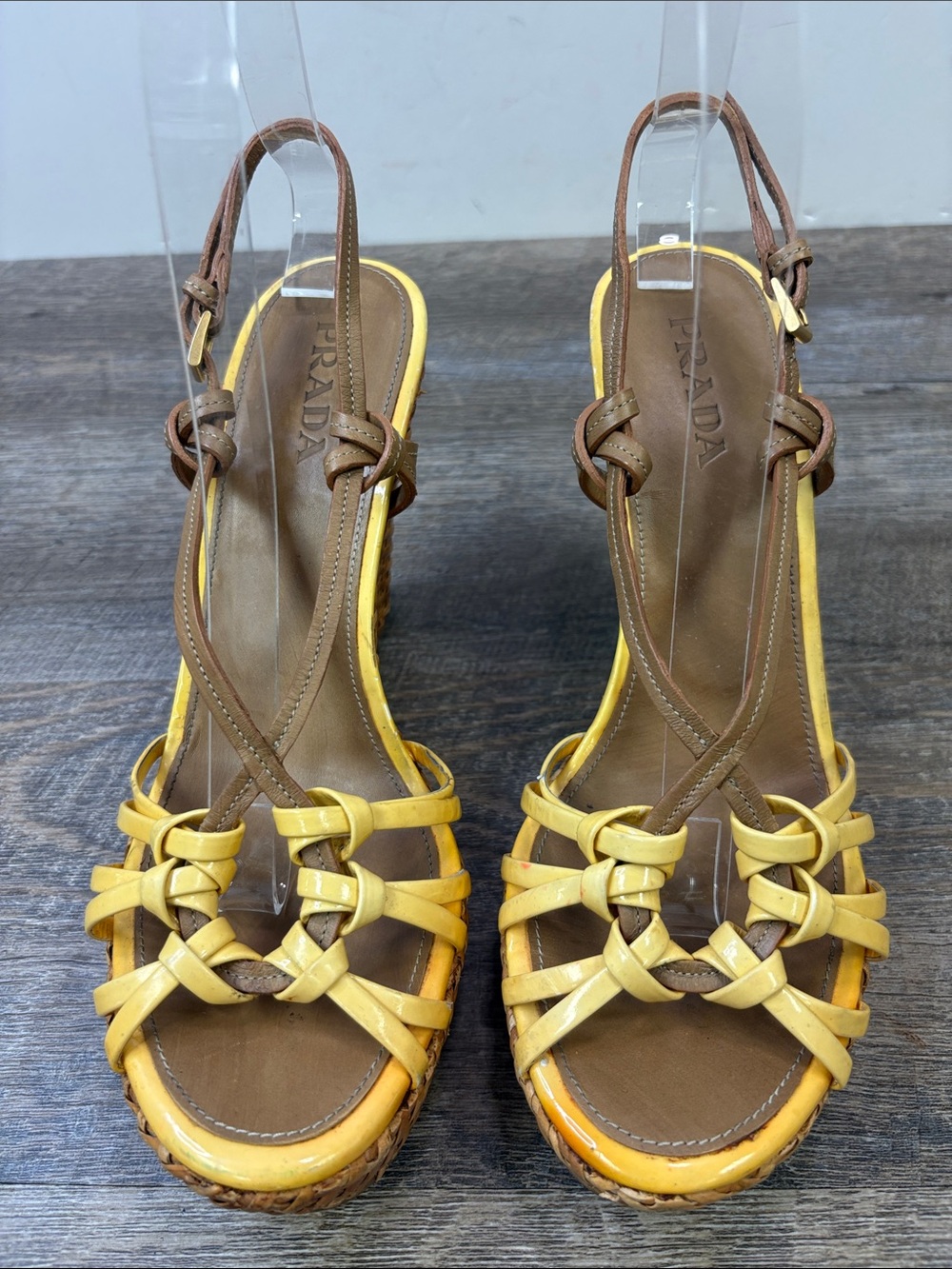 Prada Yellow Patent Leather Woven Raffia Platform Wedge Sandals Made in Italy